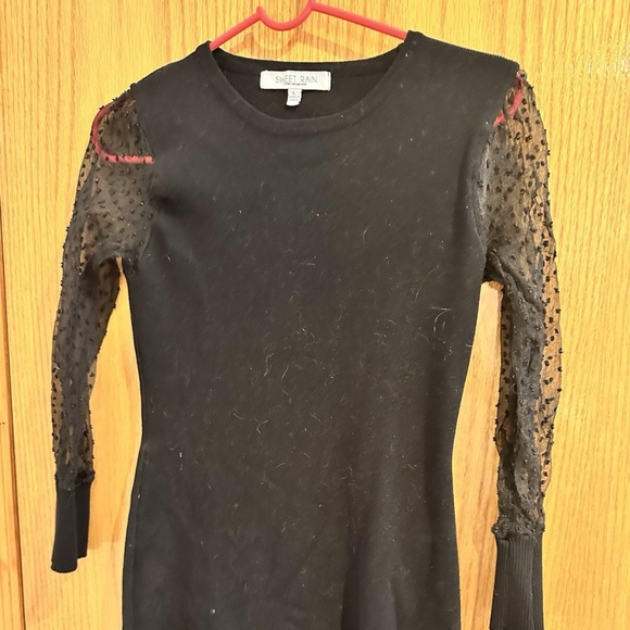 Sweet Rain Black Mini Dress Sheer Long Sleeve Small Polka Dot - Picture 1 of 3
